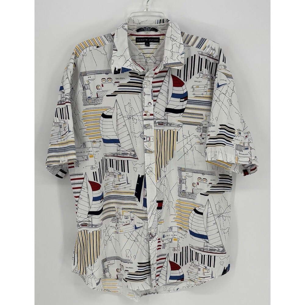 Vintage Tommy Hilfiger All Over Print White Button Up Shirt Sailing Mens XL